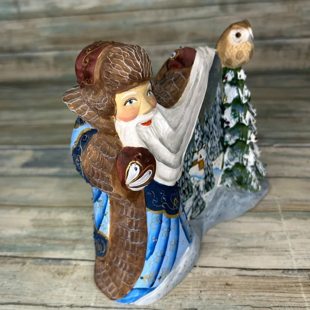 Russian Santa Father Frost Wood Hand Carved Painted‎ Signed Owl Tree Moroz